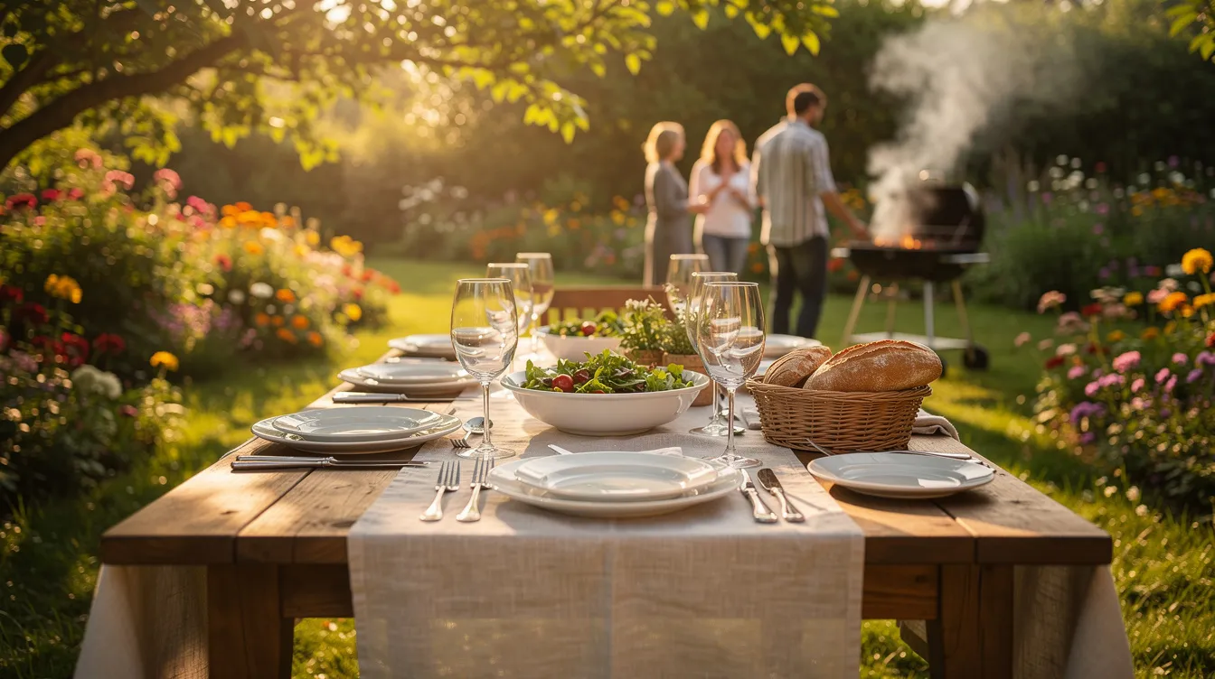In einer sommerlichen Gartenszene ist ein gedeckter Tisch mit Weingläsern zu sehen, während im Hintergrund ein Grill raucht, auf dem verschiedene Grillgerichte wie Fleisch und Gemüse zubereitet werden. Diese Atmosphäre lädt zu einem geselligen Grillabend ein, bei dem die passende Weinbegleitung, wie ein frischer Sauvignon Blanc oder ein kräftiger Cabernet Sauvignon, nicht fehlen darf.