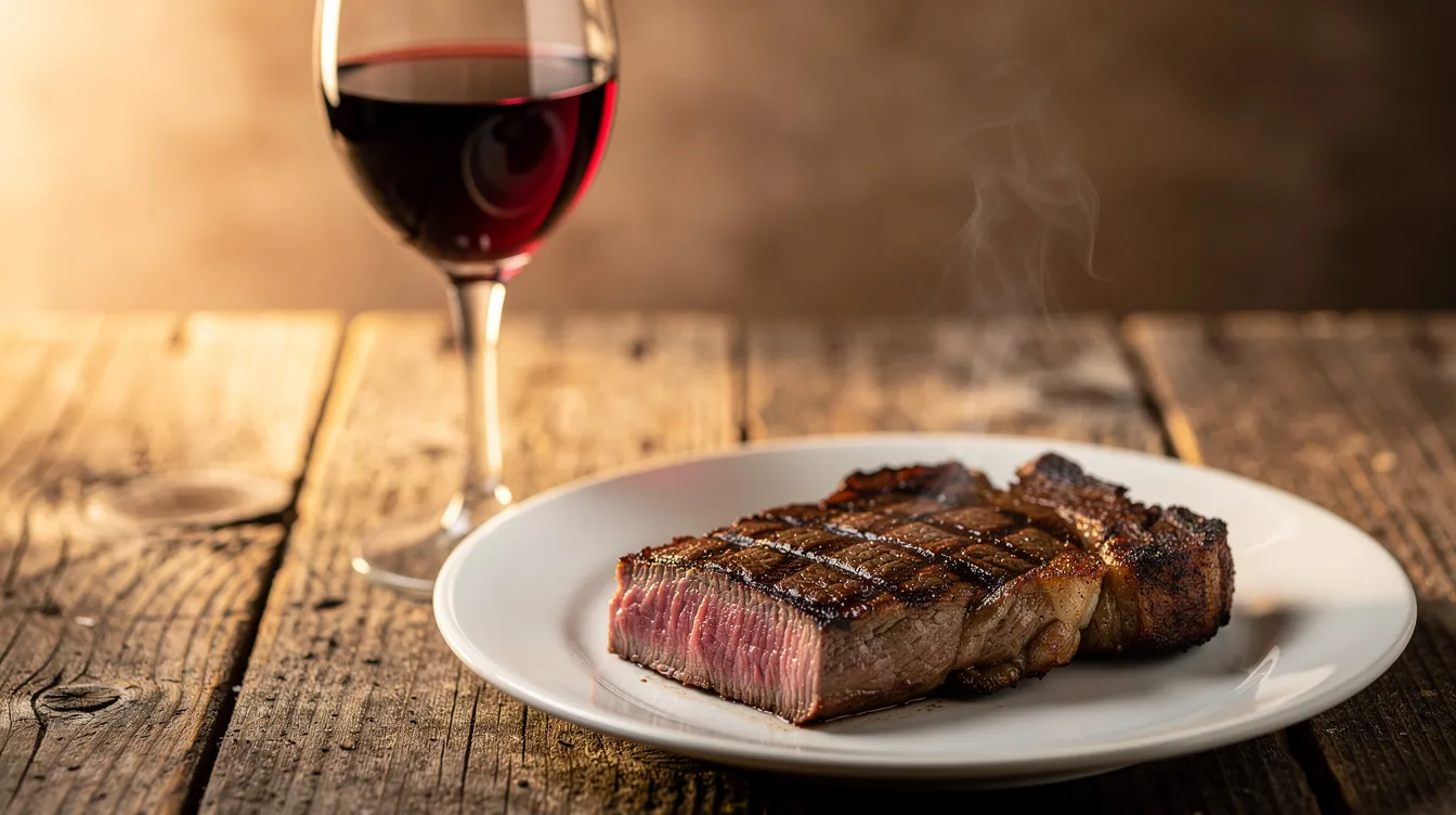 Das Bild zeigt ein perfekt gegrilltes T-Bone Steak, das saftig und mit Röstaromen versehen auf einem rustikalen Holztisch liegt. Neben dem Fleisch steht ein Glas Rotwein, möglicherweise ein Cabernet Sauvignon, das eine harmonische Weinbegleitung zum Steak darstellt.