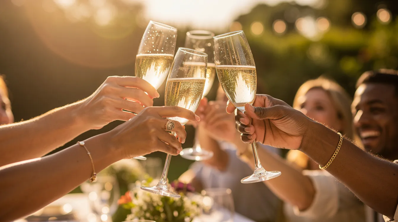 Zwei Hände stoßen mit Sektgläsern an, während sie bei einer Feier im Freien unter Sonnenlicht stehen. Die fröhliche Atmosphäre spiegelt die Freude des Moments wider, ideal für eine Hochzeit oder einen festlichen Anlass.