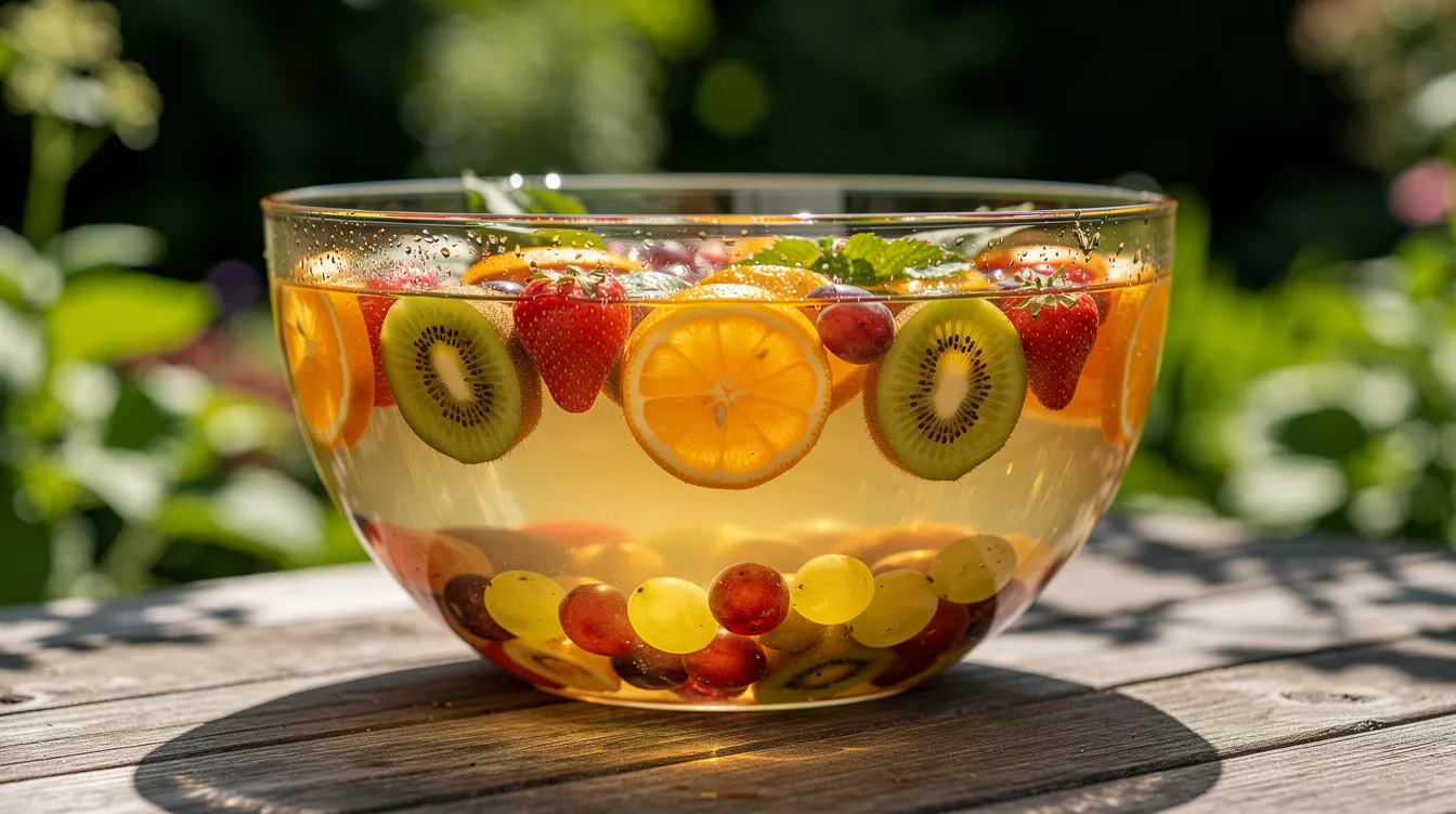 Eine gläserne Bowle-Schüssel steht auf einem sommerlichen Gartentisch und ist gefüllt mit bunten Fruchtstücken wie Erdbeeren, Himbeeren und Pfirsichen, sowie hellem Wein. Dieses erfrischende Getränk, ideal für ein Beisammensein, strahlt die Farben des Sommers aus und lädt zum Genießen ein.