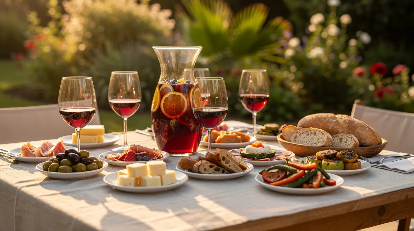 Ein gedeckter Gartentisch bei Abendsonne, dekoriert mit einer großen Glaskaraffe Sangria, gefüllt mit frischen Früchten, sowie Weingläsern und Tapas-Tellern, schafft eine einladende Atmosphäre für einen Sommerabend. Die leuchtenden Farben der Sangria und das rustikale Geschirr verleihen dem Tisch einen mediterranen Flair, ideal für gesellige Stunden im Freien.