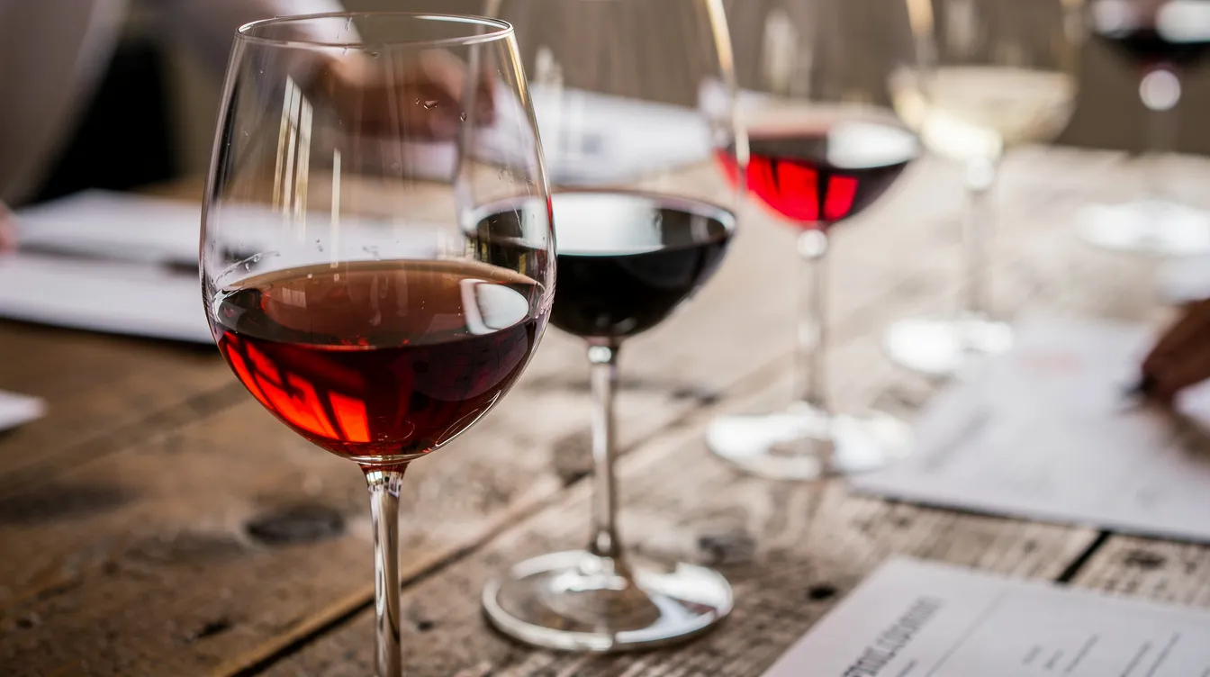 Nahaufnahme von eleganten Weingläsern, die mit verschiedenen Rotweinen gefüllt sind, auf einem rustikalen Holztisch während einer Weinprobe. Die Szene vermittelt die Atmosphäre einer Vinothek, in der Weinkenner die Vielfalt der Weine aus der Region Rheinhessen genießen.