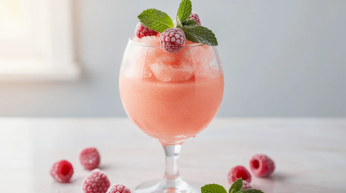 Ein erfrischender pinker Rosé-Slushie in einem eleganten Weinglas, garniert mit gefrorenen Himbeeren und frischer Minze, bietet ein ideales Geschmackserlebnis für sommerliche Abende mit Freunden. Dieser köstliche Wein-Cocktail ist perfekt als Aperitif oder als erfrischender Sommerdrink.