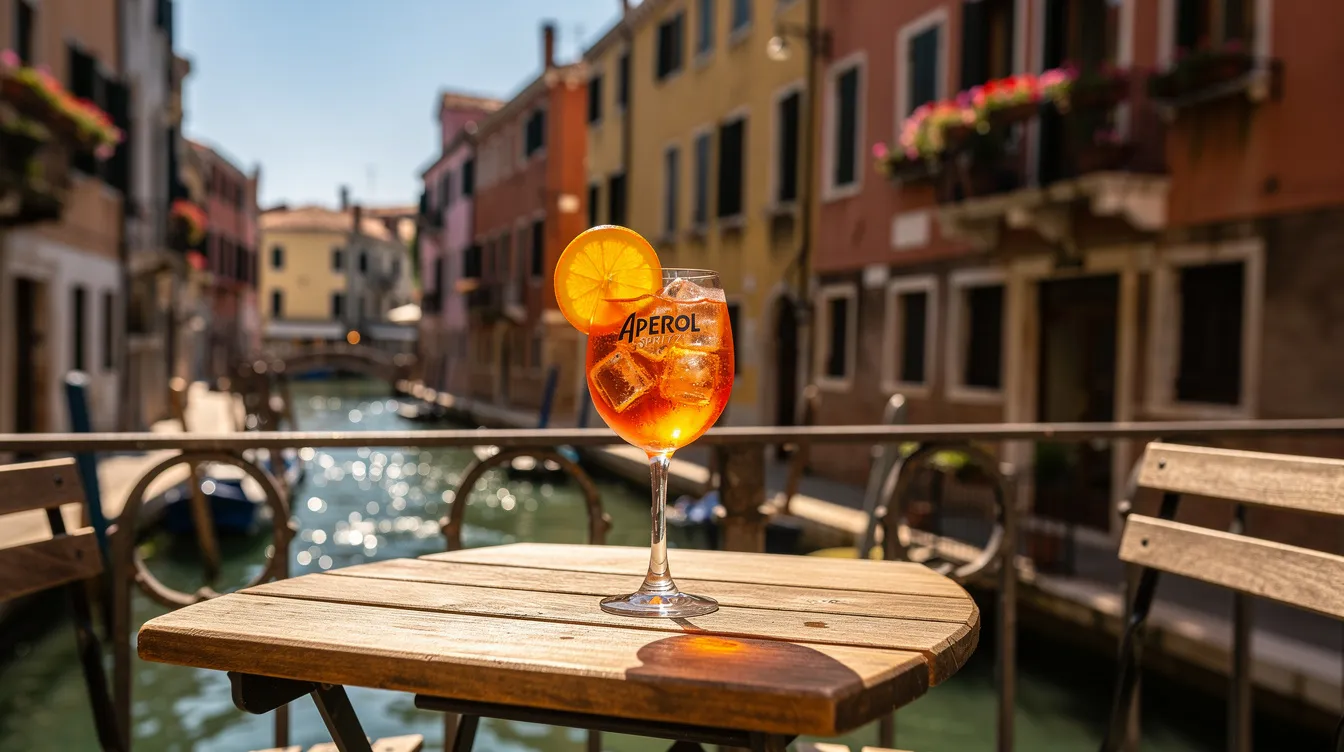 Ein erfrischendes Glas Aperol Spritz mit einer Orangenscheibe steht auf einer sonnigen italienischen Terrasse, umgeben von einem malerischen Blick auf einen Kanal. Der Cocktail, bestehend aus Aperol, Prosecco und Soda, ist der perfekte Aperitif für gesellige Stunden mit Freunden.