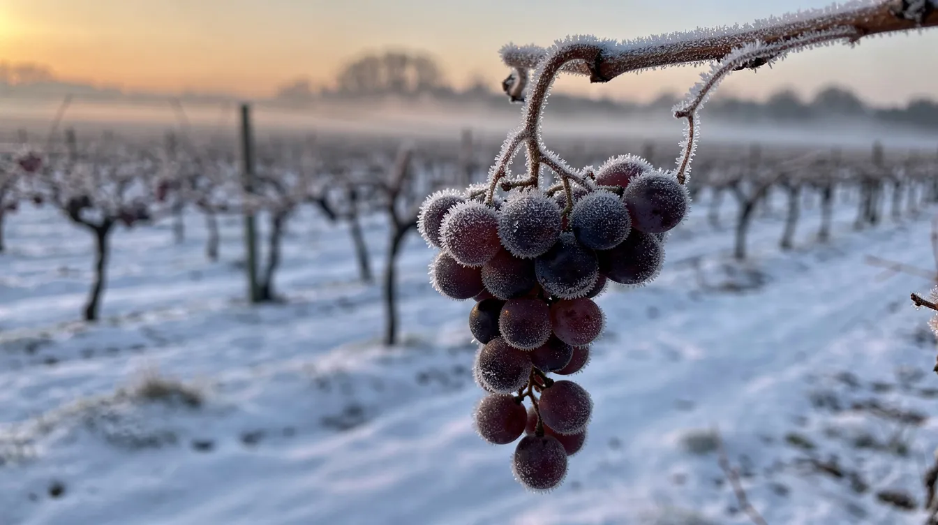 Das Bild zeigt gefrorene Weintrauben an einem verschneiten Rebstock in einer winterlichen Weinberglandschaft bei Sonnenaufgang. Diese Szene ist charakteristisch für die Eisweinproduktion, bei der gesunde Trauben unter frostigen Bedingungen geerntet werden, um edelsüße Weinspezialitäten herzustellen.