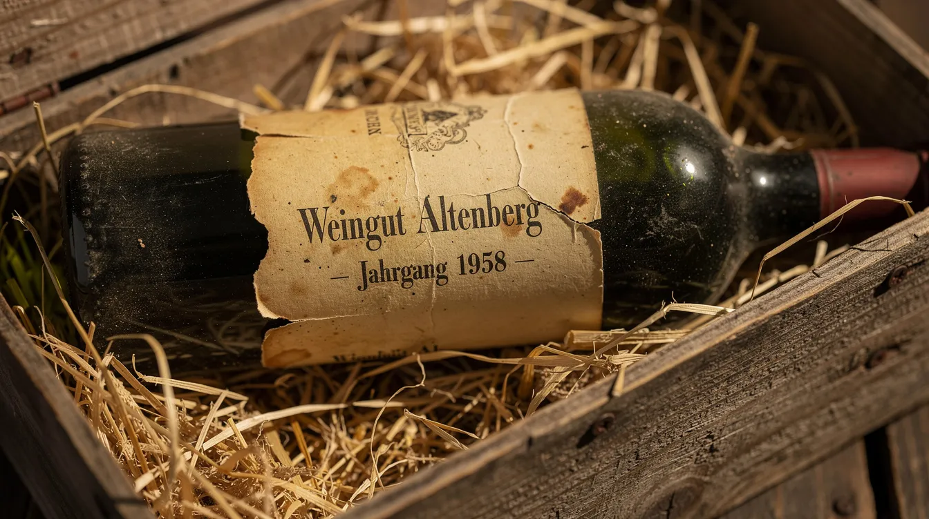 Eine alte Weinflasche mit einem vergilbten Etikett liegt in einer geöffneten Holzkiste, die mit Stroh gefüllt ist. Dieses Bild vermittelt den Eindruck von einem besonderen Weingeschenk, ideal für Weinliebhaber und als Präsent zu Anlässen wie Geburtstagen oder Hochzeiten.