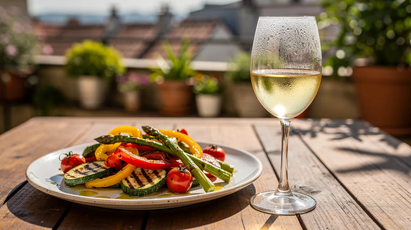 Auf der sonnigen Terrasse steht ein Glas Weißwein, das die Aromen eines hochwertigen Sauvignon Blanc entfaltet, neben einem Teller mit frisch gegrilltem Gemüse, das den Genuss von köstlichen Speisen und Getränken perfekt ergänzt. Diese Kombination ist ideal für gesellige Anlässe und spiegelt die Vielfalt der Weinauswahl wider, die man bei Aldi finden kann.