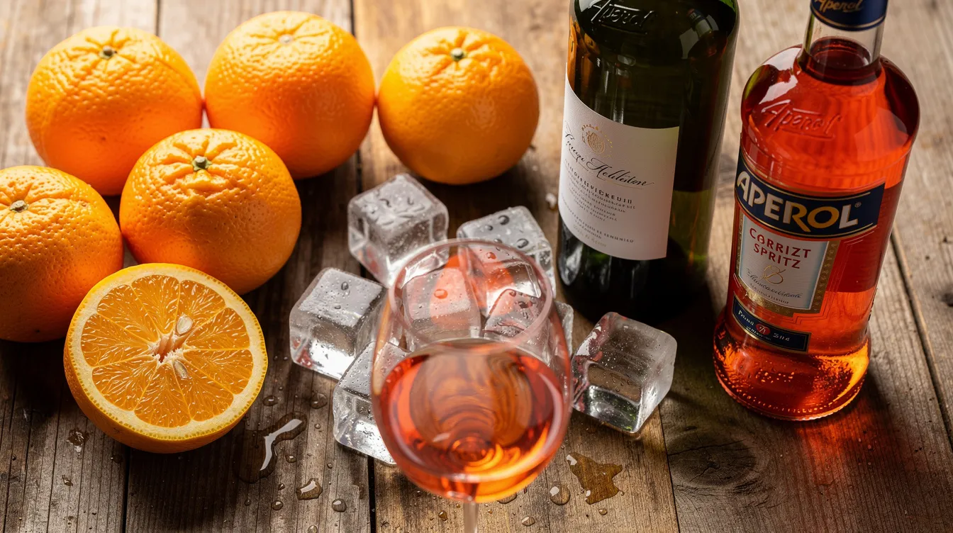 Die Nahaufnahme zeigt die Zutaten für einen Aperol Spritz auf einem Holztisch: eine Weinflasche, eine Aperol-Flasche, Eiswürfel, frische Orangen und ein Weinglas, die zusammen eine einladende Atmosphäre für einen erfrischenden Aperitif schaffen. Die leuchtenden Farben der Orangen und die klaren Eiswürfel verleihen dem Bild eine sommerliche Note.