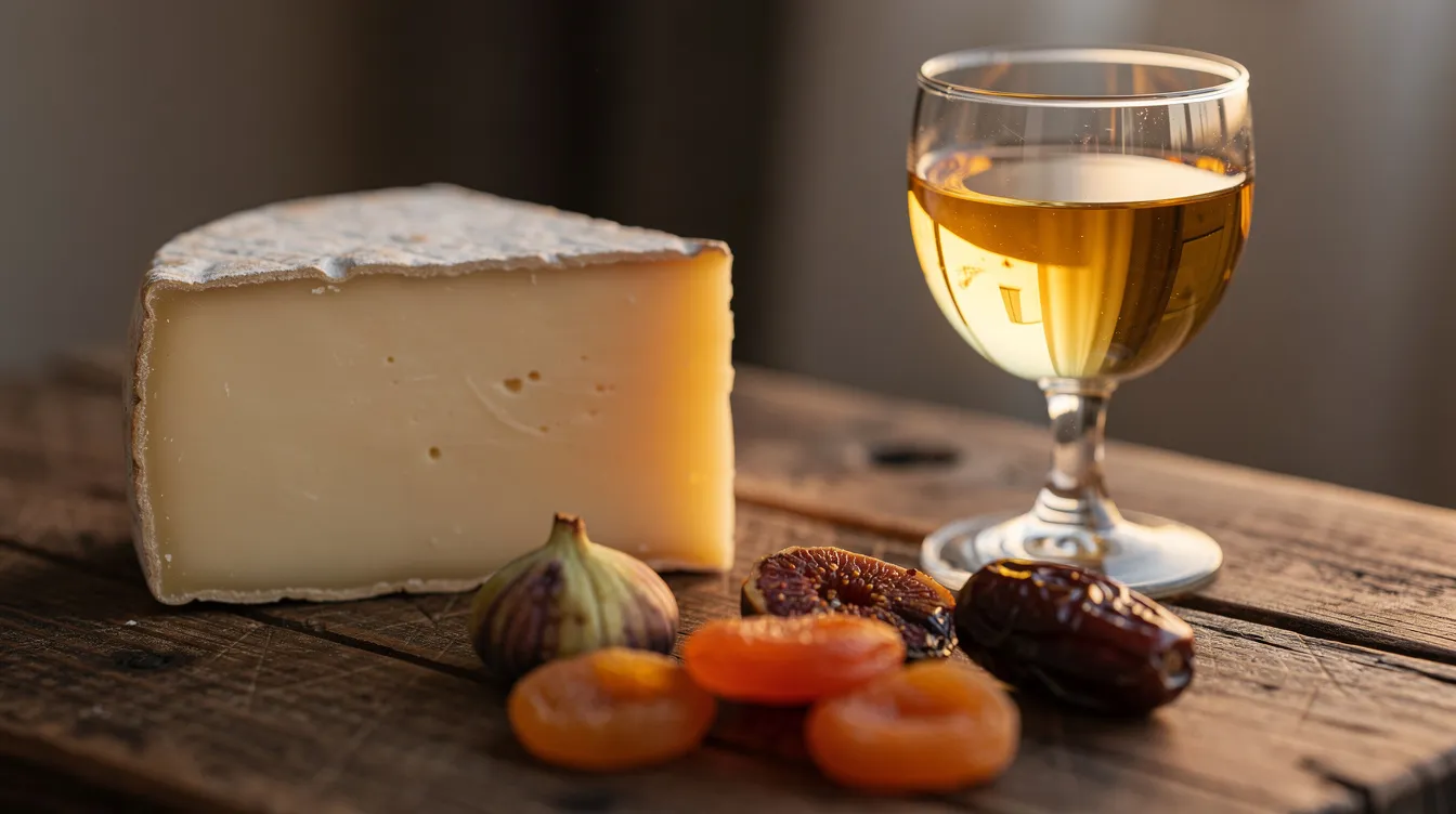 Ein kleines Glas mit goldgelbem Dessertwein steht neben einem Stück Käse und Trockenfrüchten auf einem rustikalen Holzbrett, das die Aromen und die Eleganz der Spätlese und Auslese Weine perfekt zur Geltung bringt. Die Kombination aus süßem Wein und herzhaftem Käse verspricht einen genussvollen Moment.