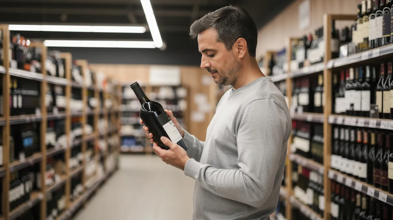 Eine Person steht in einem Supermarkt und dreht eine Weinflasche, um das Etikett zu lesen. Dabei interessiert sie sich für die Auswahl an Discounter-Weinen, die im Regal angeboten werden.