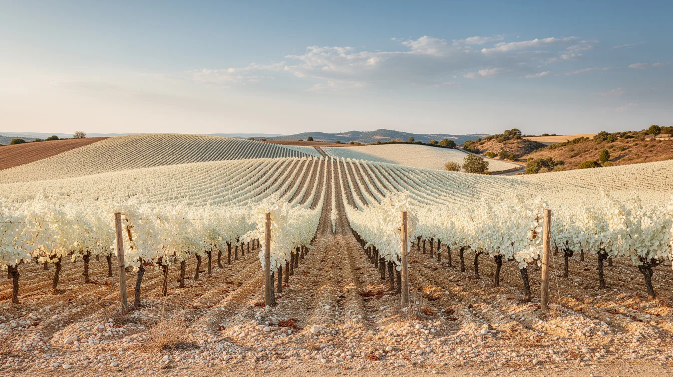 Ein sonnendurchfluteter Weinberg zeigt Reihen von weißen Rebstöcken der Rebsorte Auxerrois auf kalkhaltigem Boden, eingebettet in eine hügelige Landschaft. Diese idyllische Szene spiegelt die Schönheit der Weinregionen wider, die für ihre fruchtigen Aromen und die charakteristische Säurestruktur bekannt sind.