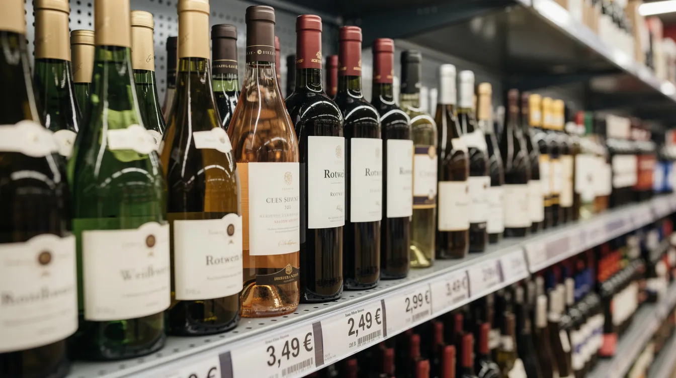 Auf dem Bild sind mehrere Weinflaschen in einem Discounter-Regal angeordnet, mit Preisschildern, die die verschiedenen Angebote kennzeichnen. Diese Auswahl repräsentiert typische Discounter-Weine, die im Lebensmittel Einzelhandel erhältlich sind, und richtet sich an Weinfreunde, die nach guten Tropfen suchen.