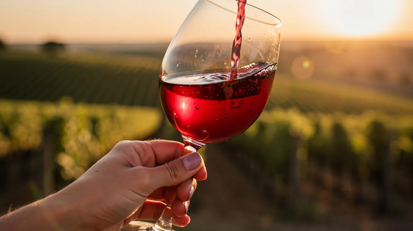 Die Nahaufnahme zeigt ein geschwenktes Glas Rotwein, dessen tiefrote Farbe im goldenen Abendlicht schimmert, während im verschwommenen Hintergrund ein Weinberg zu sehen ist. Die Szene vermittelt die Aromenvielfalt des Weins, die für eine Weinverkostung und die Erkundung der verschiedenen Weinaromen steht.
