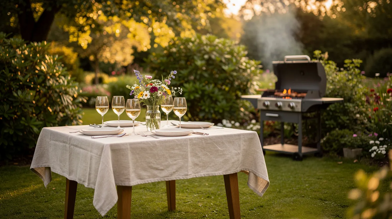 Ein sommerlicher Garten mit einem gedeckten Tisch, auf dem Weingläser stehen, während im Hintergrund ein Grill raucht. Die Szene lädt zu entspannten Grillabenden mit köstlichem Fleisch und passenden Weinen ein, perfekt für die Grillsaison.