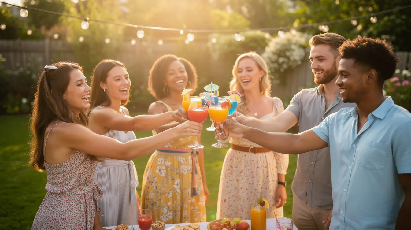 Eine Gruppe von Freunden stößt mit bunten Aperol Spritz und anderen erfrischenden Drinks an, während sie eine fröhliche Sommergartenparty genießen. Die Gläser sind mit Eiswürfeln und Orangenscheiben dekoriert, was die festliche Atmosphäre unterstreicht.