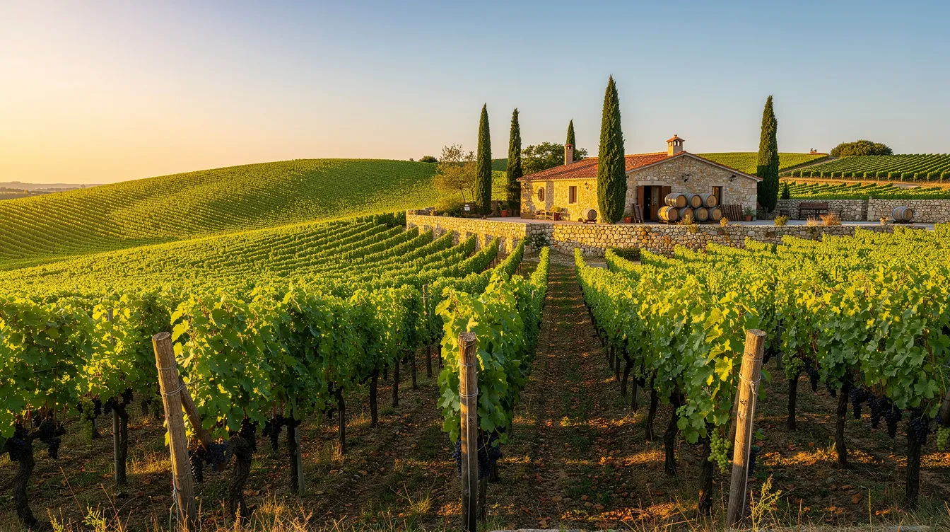 Das Bild zeigt malerische Weinberge mit üppigen Reben, die in der Nachmittagssonne leuchten, während im Hintergrund ein charmantes Weingut zu sehen ist. Diese Szenerie verkörpert die Schönheit der Weinregion Rheinhessen und lädt zur Erkundung von Weinausschank und Weinproben ein.