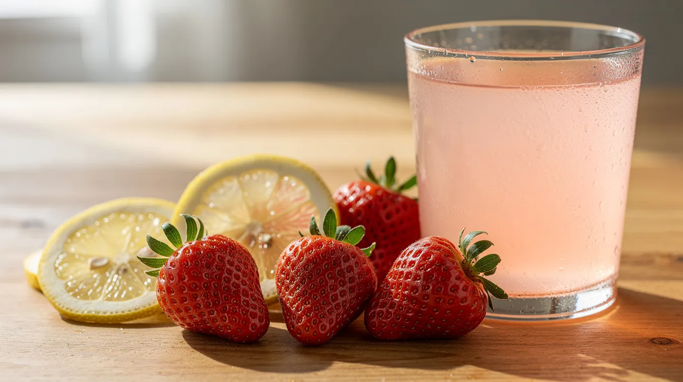 Auf einem hellen Holztisch stehen frische Erdbeeren und Zitronenscheiben neben einem Glas gefüllt mit rosafarbener Bowle, die ideal für ein erfrischendes Sommergetränk ist. Diese Weinbowle, eine köstliche Mischung aus Früchten und Sekt, verspricht Genuss und ist perfekt für gesellige Anlässe.
