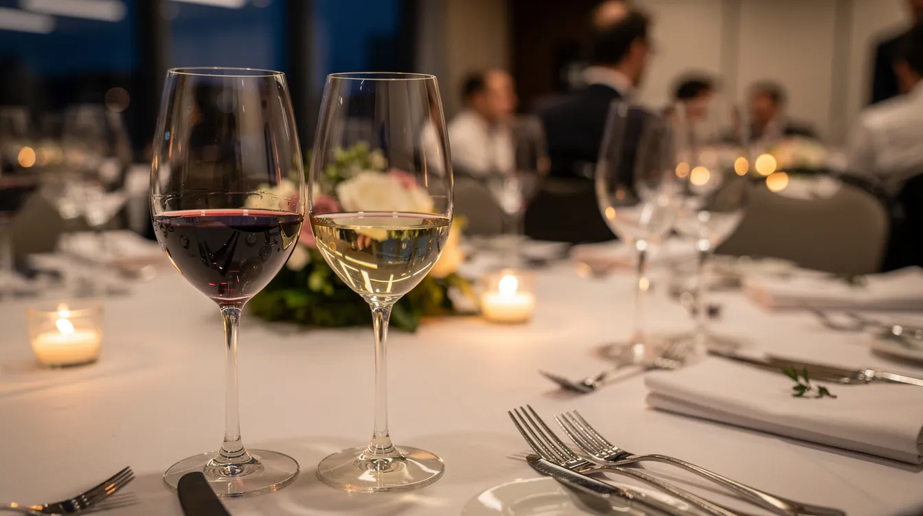 Auf dem festlich gedeckten Tisch bei einem Firmen-Event stehen elegante Weingläser mit Rot- und Weißwein, umgeben von stimmungsvoller Beleuchtung, die eine einladende Atmosphäre für die Gäste schafft. Diese Präsentation von Wein für Firmenkunden unterstreicht die Bedeutung von Geschäftspartnern und Mitarbeitern bei besonderen Anlässen.