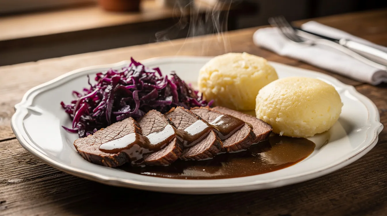 Auf dem weißen Teller liegt ein angerichteter Hirschbraten, umgeben von dunkler Sauce, Rotkohl und Knödeln. Dieses köstliche Wildgericht eignet sich hervorragend für die Herbst- und Wintersaison und lässt sich ideal mit einem vollmundigen Rotwein, wie einem Pinot Noir, kombinieren.