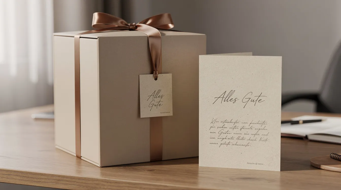 Eine elegant verpackte Weingeschenkbox mit einem stilvollen Band und einer handgeschriebenen Grußkarte liegt auf einem Schreibtisch. Diese Geschenkidee eignet sich perfekt für Weinfreunde und Geschäftspartner, um Freude und Wertschätzung auszudrücken.