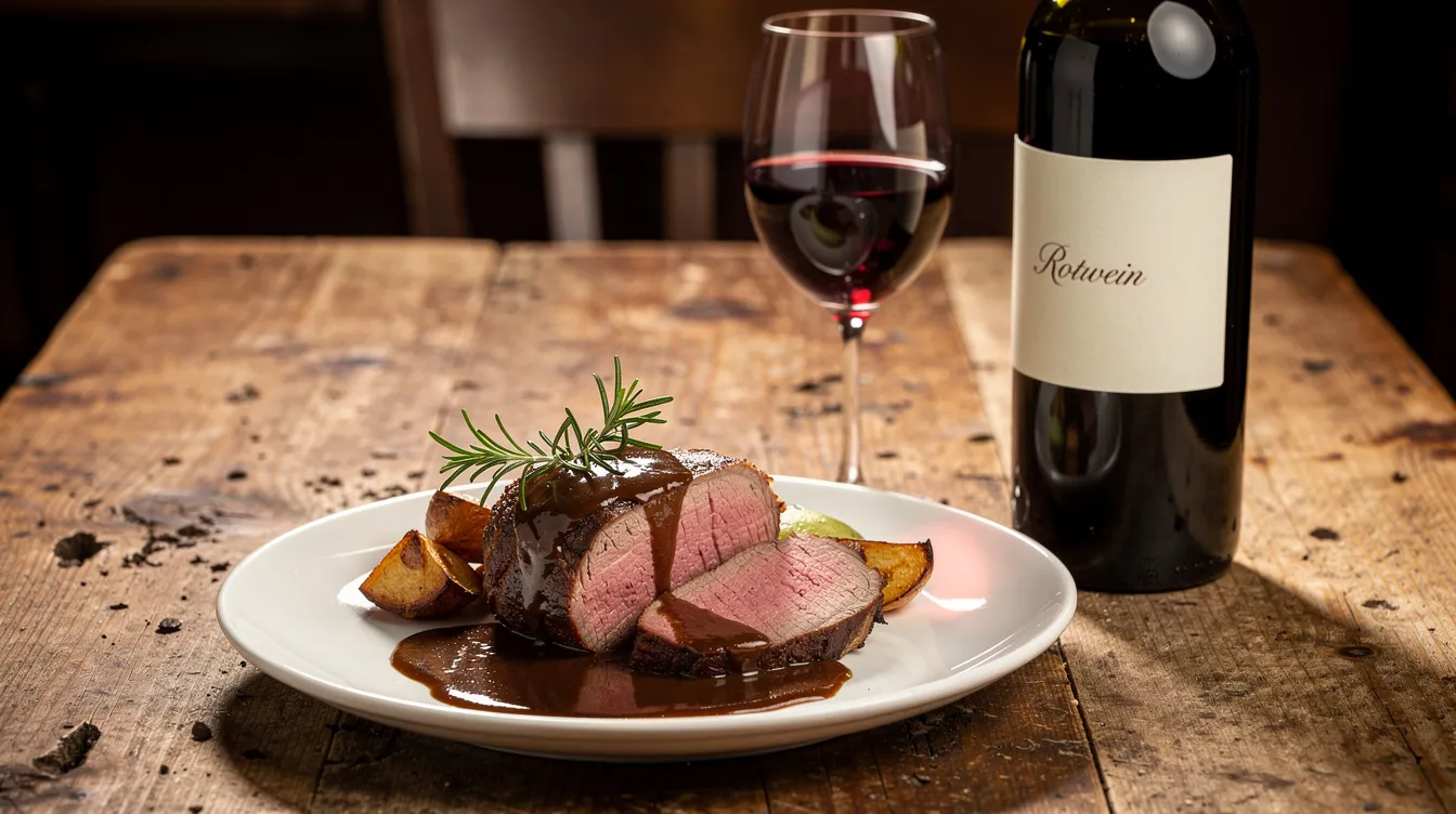 Auf einem rustikalen Holztisch liegt ein saftiger Hirschbraten, überzogen mit einer dunklen Sauce, begleitet von einem Glas Rotwein, das perfekt zu Wildgerichten passt. Der kräftige Geschmack des Wildfleischs harmoniert wunderbar mit den Aromen eines Pinot Noir oder Merlot.