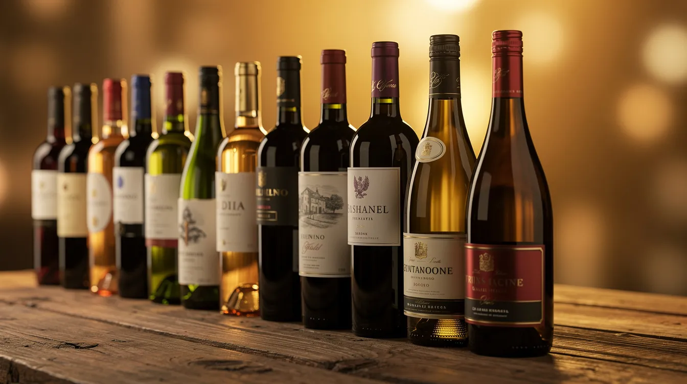 Auf dem Holztisch sind verschiedene Weinflaschen in warmem Licht aufgereiht, darunter Rotwein, Weißwein und Sekt, die eine Auswahl der besten Produkte von Lidl präsentieren. Jede Flasche zeigt ein ansprechendes Etikett, das die Herkunft und Rebsorten wie Tempranillo und Chardonnay hervorhebt.