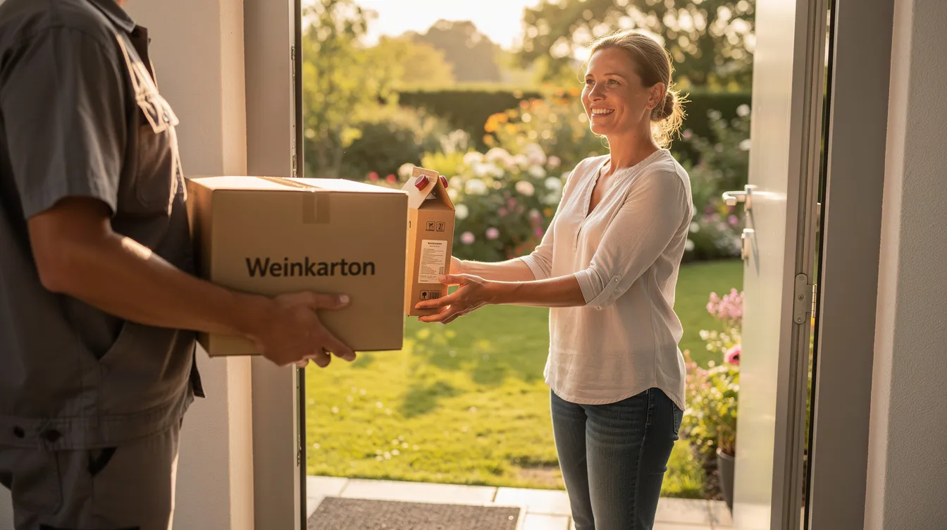 Ein Weinkarton wird an einer Haustür entgegengenommen, während im Hintergrund ein sommerlicher Garten zu sehen ist. Diese Szene könnte für Weinliebhaber eine aufregende Lieferung eines Weinabos symbolisieren, die eine Entdeckungsreise durch verschiedene Weine verspricht.