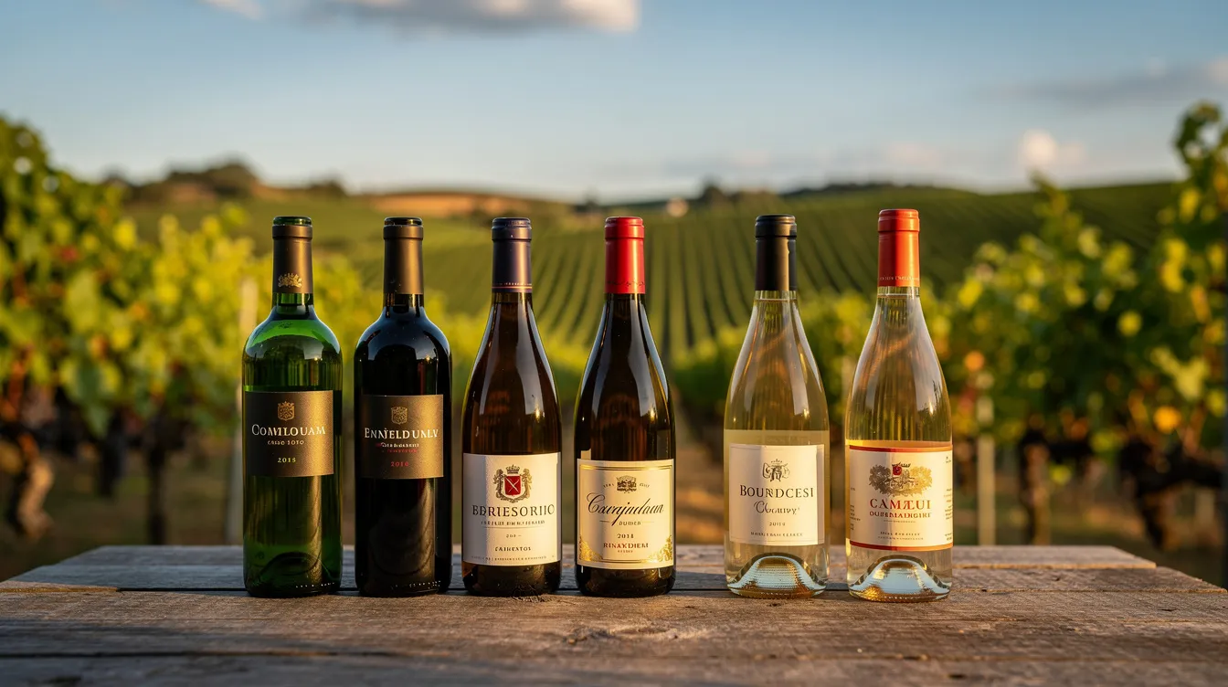 Auf einem rustikalen Holztisch stehen verschiedene Weinflaschen nebeneinander, während im Hintergrund malerische Weinberge zu sehen sind. Diese Anordnung lädt Weinliebhaber ein, die Vielfalt und Qualität der Weinauswahl zu entdecken und vielleicht ein passendes Weinabo auszuwählen.