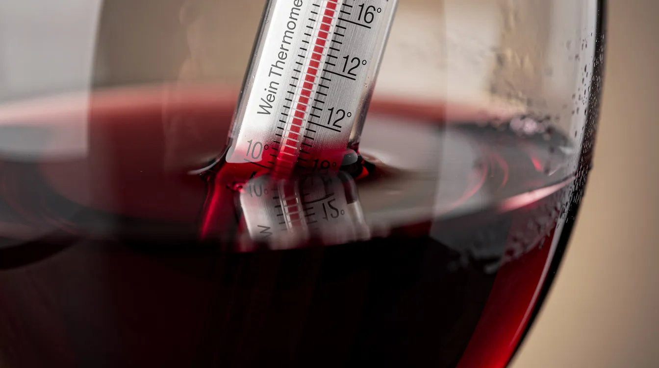 Die Nahaufnahme zeigt ein Weinthermometer, das in einem Glas Rotwein steckt, um die optimale Weintemperatur für den Weingenuss zu bestimmen. Bei etwa 18°C entfalten sich die Aromen des Rotweins besonders gut, was den Geschmack und die Struktur des Weins beeinflusst.