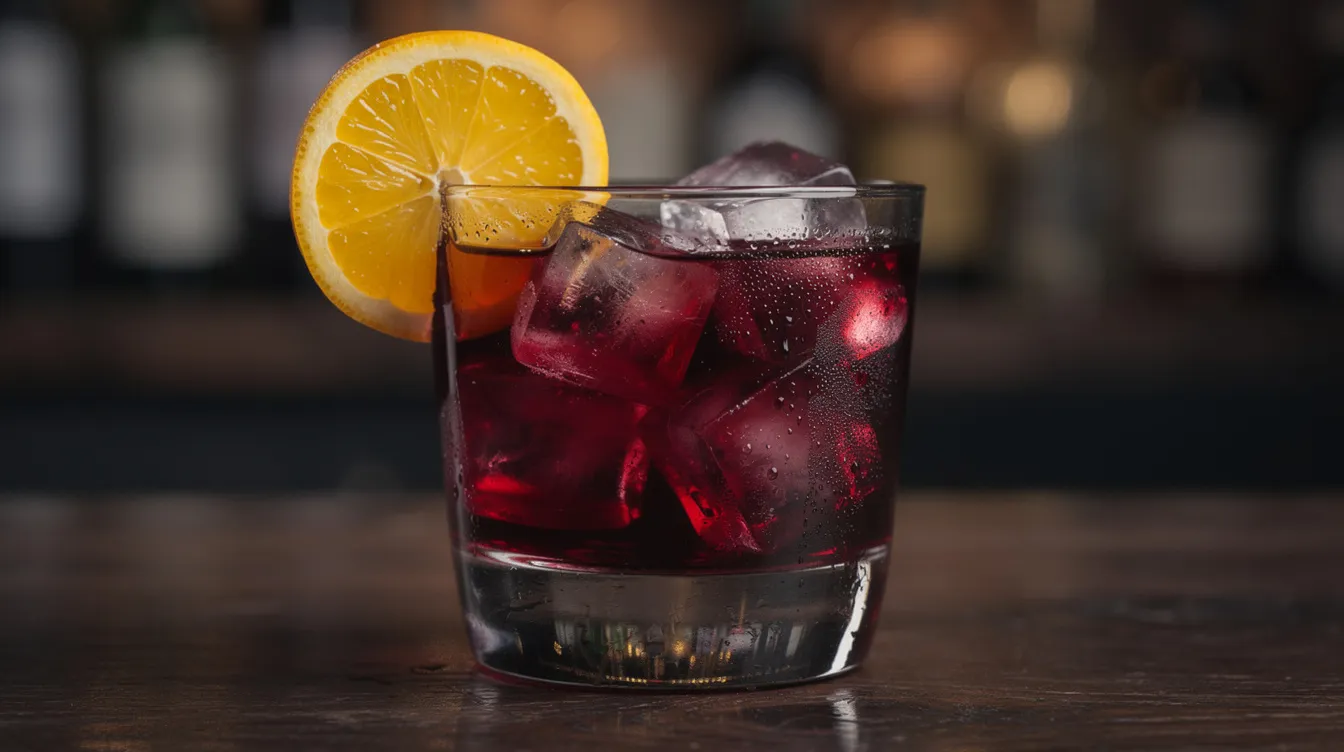 Ein dunkelroter Rotwein-Cocktail wird in einem Tumbler-Glas serviert, gefüllt mit Eiswürfeln und garniert mit einer frischen Orangenscheibe. Dieser erfrischende Drink eignet sich perfekt für gesellige Abende mit Freunden und ist eine köstliche Alternative unter den Weincocktails.