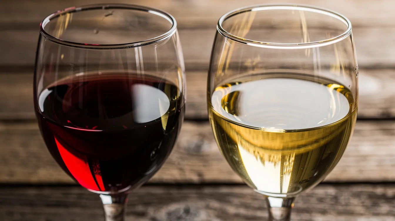 Nahaufnahme von zwei Weingläsern auf einem Holztisch: eines enthält tiefroten Rotwein, während das andere mit hellem Weißwein gefüllt ist. Diese Darstellung spiegelt die Vielfalt der Weinbereitung wider und könnte Weinfreunde an die verschiedenen Geschmäcker und den biologischen Säureabbau, wie die malolaktische Gärung, erinnern.
