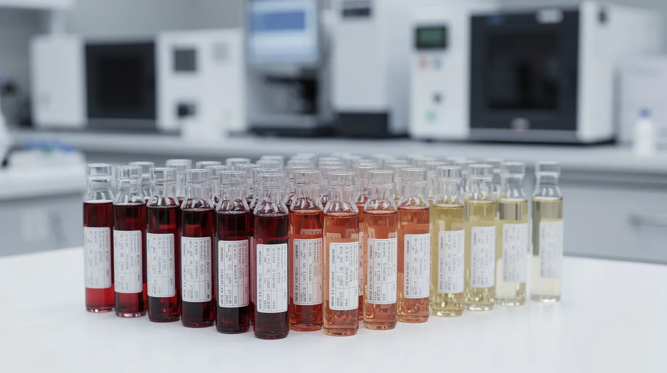 Die Abbildung zeigt mehrere kleine Glasgefäße mit Laborproben von Wein, die vor einem Analyselabor platziert sind. Diese Proben sind Teil des Prozesses der biologischen Säureabbau, bei dem Milchsäurebakterien wie Oenococcus oeni eine wichtige Rolle spielen, um den Geschmack und die Komplexität des Weins zu beeinflussen.