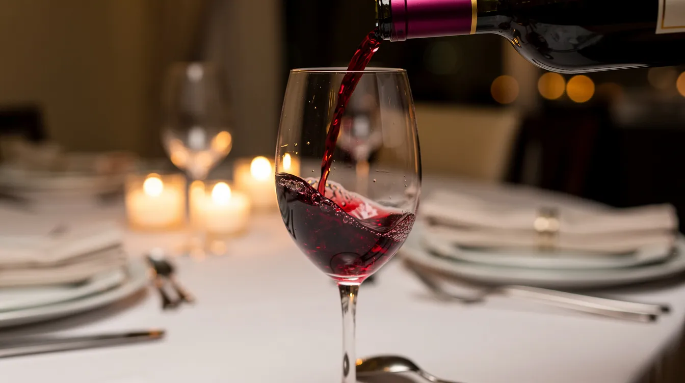 Ein elegantes Weinglas wird mit tiefrotem Rotwein gefüllt, während im verschwommenen Hintergrund ein liebevoll gedeckter Tisch zu sehen ist, der auf gesellige Anlässe hinweist. Der Anblick vermittelt den Genuss und die Vielfalt hochwertiger Weine, die in Deutschland erhältlich sind.