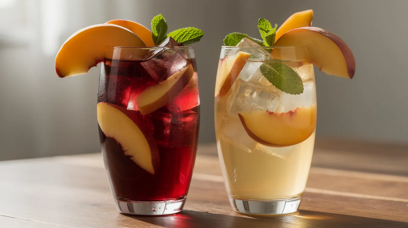 Zwei Gläser stehen nebeneinander, eines gefüllt mit roter Sangria, das andere mit weißer Sangria. Beide Drinks sind mit frischen Pfirsichscheiben und Minze garniert und bieten einen erfrischenden Anblick für einen sommerlichen Genuss.