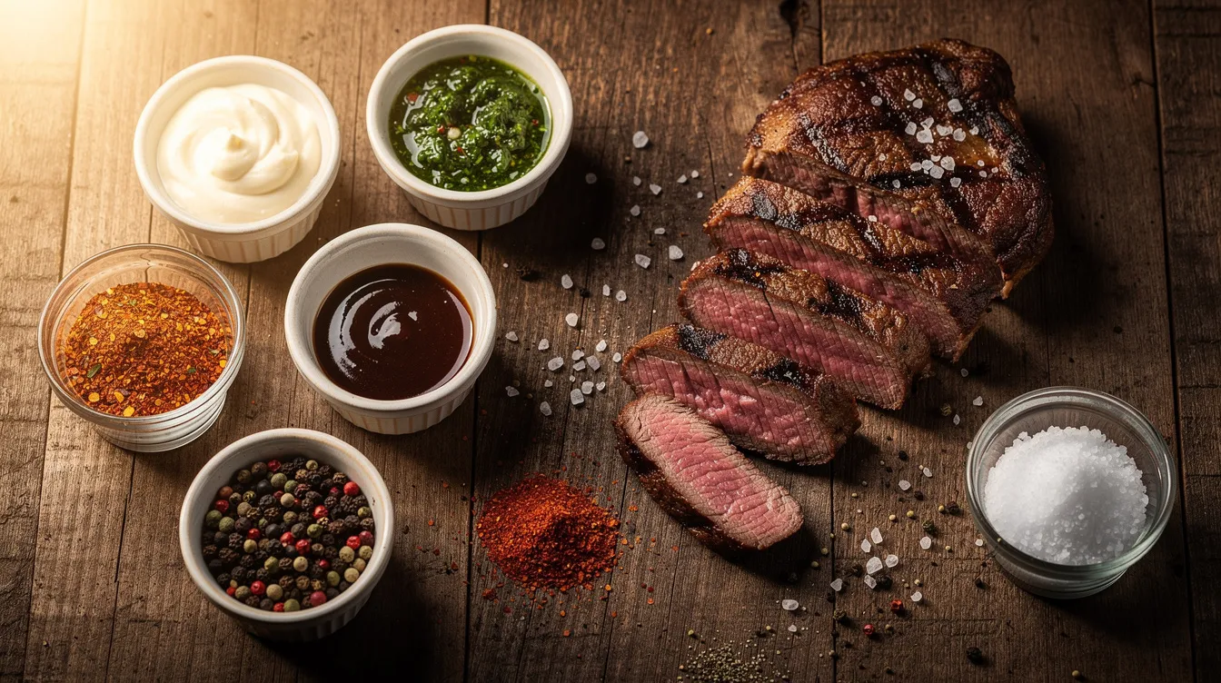 Auf dem Bild sind verschiedene Saucen und Gewürze in kleinen Schälchen angeordnet, die neben einem perfekt gegrillten T-Bone Steak platziert sind. Diese Kombination aus köstlichem Fleisch und vielfältigen Aromen bietet eine ideale Grundlage für die Frage, welcher Wein zu Steak passt, und lädt zu einem genussvollen Erlebnis ein.