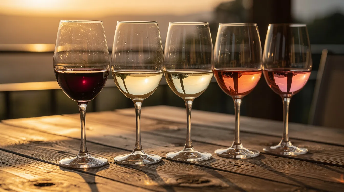 Auf einem Holztisch stehen verschiedene Weingläser mit Rot-, Weiß- und Roséwein, beleuchtet vom warmen Abendlicht. Die Gläser zeigen die unterschiedlichen Farben der Weine und laden zum Weingenuss ein, wobei die richtige Trinktemperatur für jeden Weintyp berücksichtigt werden kann.