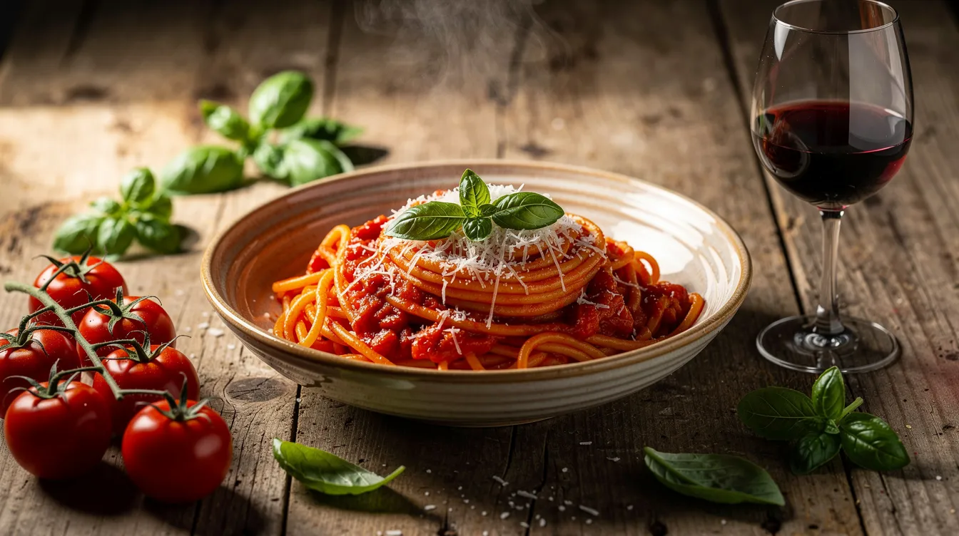 Auf einem rustikalen italienischen Tisch liegt eine Schüssel mit dampfender Pasta, umgeben von frischen Tomaten und duftendem Basilikum, während ein Glas Rotwein, ideal für die Weinbegleitung zu Pasta-Gerichten, daneben steht. Diese Szene vermittelt ein authentisches italienisches Ambiente, perfekt für ein gemütliches Abendessen.