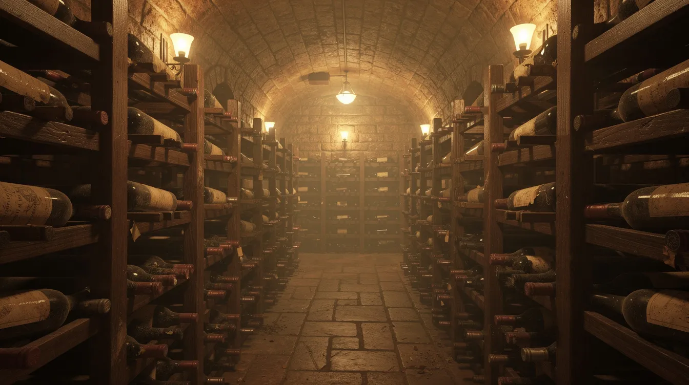 Der Weinkeller ist stimmungsvoll beleuchtet und zeigt Holzregale, in denen sorgfältig gelagerte Flaschen von Qualitätsweinen stehen. Unter diesen Weinen sind auch Kabinettweine zu finden, die die Eleganz und Frische der Trauben aus dem Anbaugebiet Deutschland widerspiegeln.