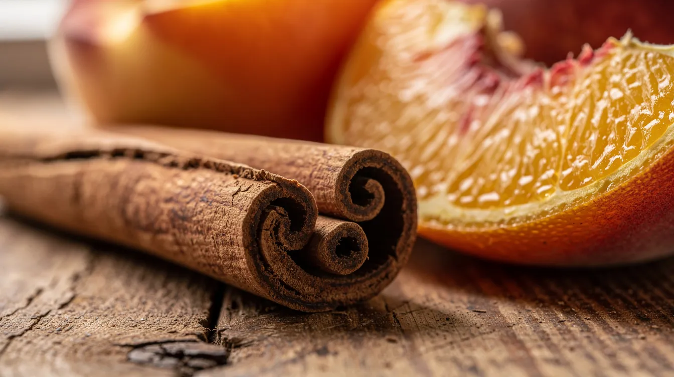Eine Nahaufnahme zeigt eine Zimtstange, die neben aufgeschnittenen Bio-Orangen und Pfirsichen auf einem Holzschneidebrett liegt. Diese frischen Früchte sind ideale Zutaten für ein leckeres Sangria-Rezept, das perfekt für den Sommer ist.