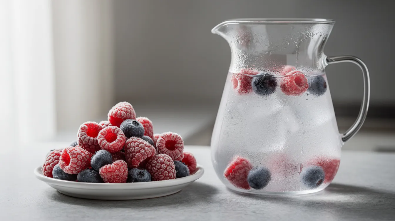 Auf dem kleinen Teller liegen gefrorene Himbeeren und Heidelbeeren, während daneben eine beschlagene Glaskaraffe steht, die bereit ist für die Zubereitung einer erfrischenden Sommerbowle. Dieses Bild vermittelt eine fruchtige und kühle Atmosphäre, ideal für ein geselliges Beisammensein mit Cocktails und Sekt.