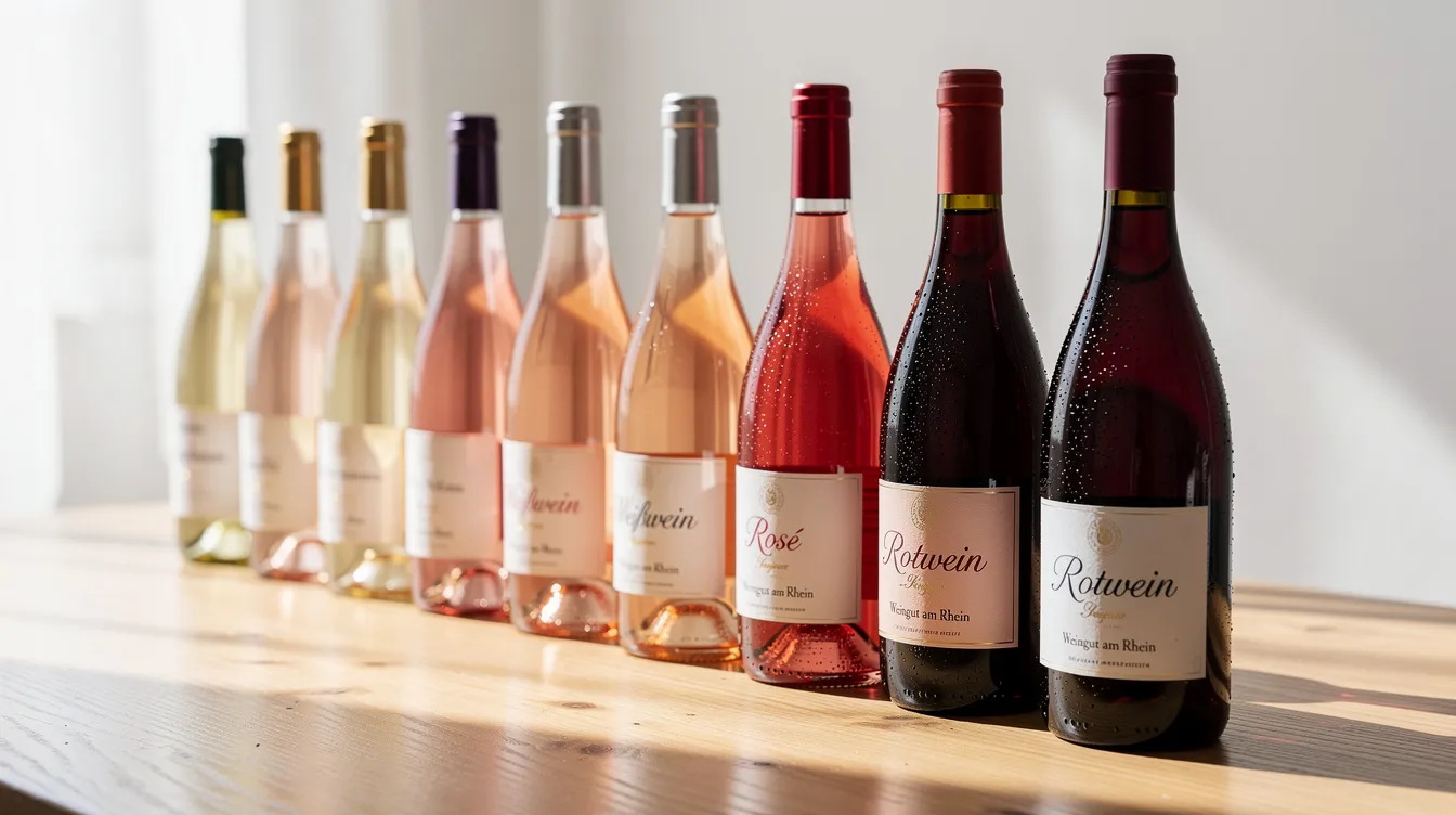 Auf einem hellen Holztisch sind verschiedene Weinflaschen nebeneinander aufgereiht, darunter Weißwein, Rosé und Rotwein. Diese Anordnung lädt zu einer Weinprobe für zuhause ein und bietet Weinliebhabern die Möglichkeit, verschiedene Weine und deren Aromen zu entdecken.