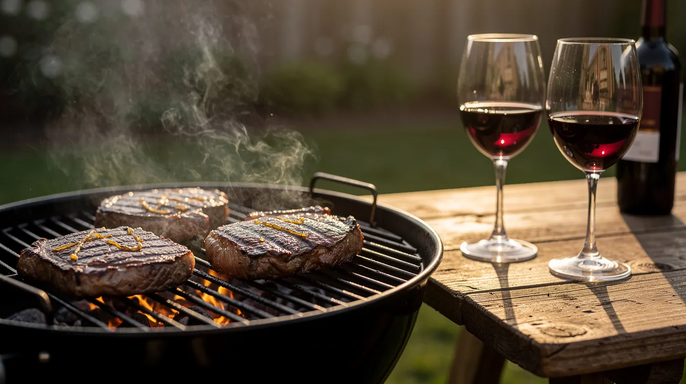 Auf einem Holzkohlegrill brutzeln saftige Steaks, während auf einem rustikalen Holztisch daneben elegante Rotweingläser stehen, ideal für einen genussvollen Grillabend in der Sommerzeit. Die Kombination aus Fleisch und Wein verspricht ein perfektes BBQ-Erlebnis.