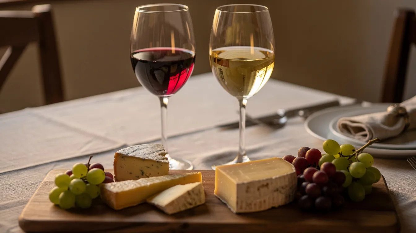 Auf einem gedeckten Tisch stehen zwei Weingläser, eines mit Rotwein und das andere mit Weißwein, umgeben von Käse und frischen Trauben. Diese ansprechende Präsentation lädt Weinfreunde ein, die verschiedenen Aromen und Geschmäcker der Discounter Weine zu genießen.