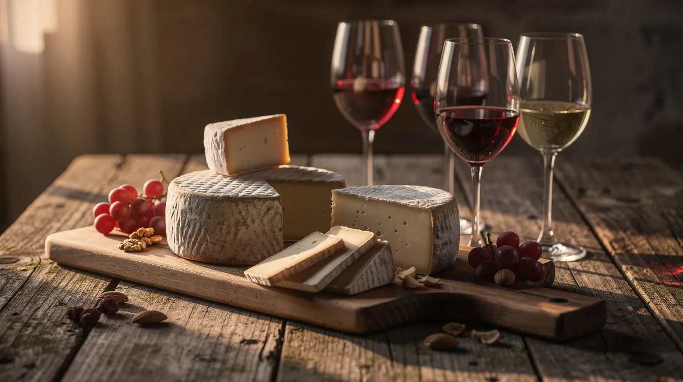 Die rustikale Käseplatte zeigt eine Vielzahl von Käsesorten, darunter auch Blauschimmelkäse und Weichkäse, die harmonisch neben gefüllten Weingläsern aus Rotwein und Weißwein auf einem Holztisch angerichtet sind. Diese Kombination aus Käse und Wein lädt Feinschmecker ein, die verschiedenen Geschmacksnuancen und Aromen zu entdecken.