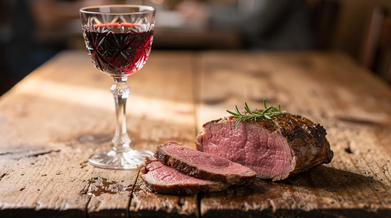 Ein elegantes Weinglas mit tiefrotem Rotwein steht neben einem zartrosa gebratenen Stück Lammfleisch auf einem rustikalen Holztisch. Diese ansprechende Anordnung zeigt eine perfekte Kombination aus Wein und Lammgerichten, ideal für eine stilvolle Mahlzeit.