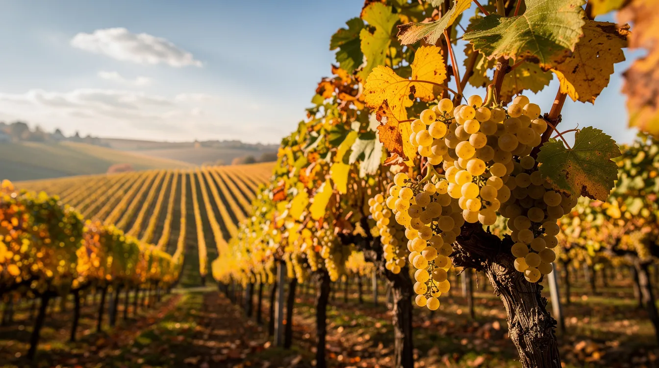 Ein sonnendurchfluteter Weinberg im Herbst zeigt goldgelbe, reife Trauben an den Reben, die auf die bevorstehende Weinlese hinweisen. Diese Trauben könnten für hochwertige Prädikatsweine wie Spätlese oder Auslese verwendet werden, die durch ihren hohen Zuckergehalt und die Aromenvielfalt bestechen.