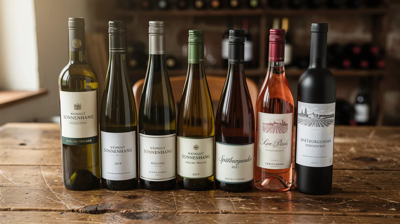 Auf einem rustikalen Holztisch sind verschiedene Weinflaschen aufgereiht, die ideal für ein Silvesterdinner oder eine Silvesterparty sind. Die Auswahl umfasst Rotwein, Weißwein und Schaumwein, die perfekt zu den festlichen Gerichten wie Raclette oder Fondue passen.