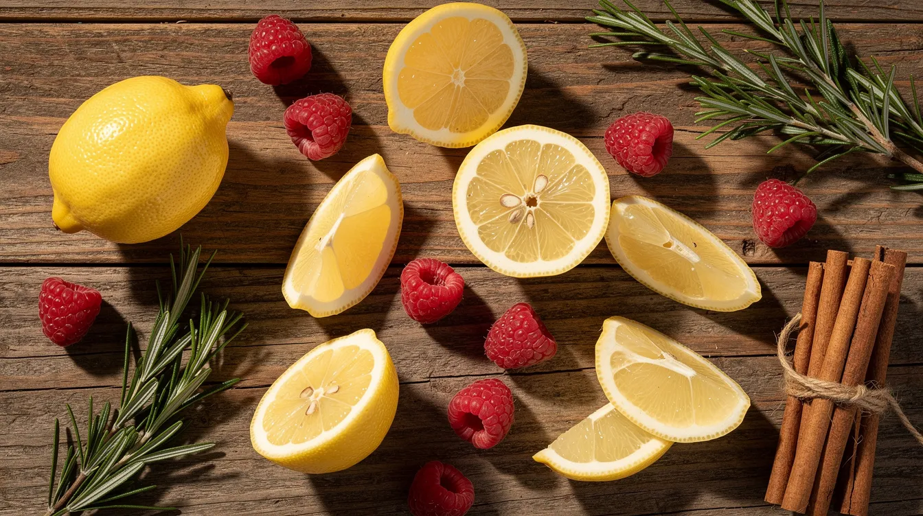 Auf einem rustikalen Holztisch sind verschiedene frische Früchte, Kräuter und Gewürze angeordnet, darunter saftige Zitronen, süße Himbeeren, aromatischer Rosmarin und duftende Zimtstangen. Diese bunte Anordnung könnte als Inspiration für eine Weinverkostung dienen, bei der die Aromen und Eindrücke der Weine mit den frischen Zutaten harmonieren.