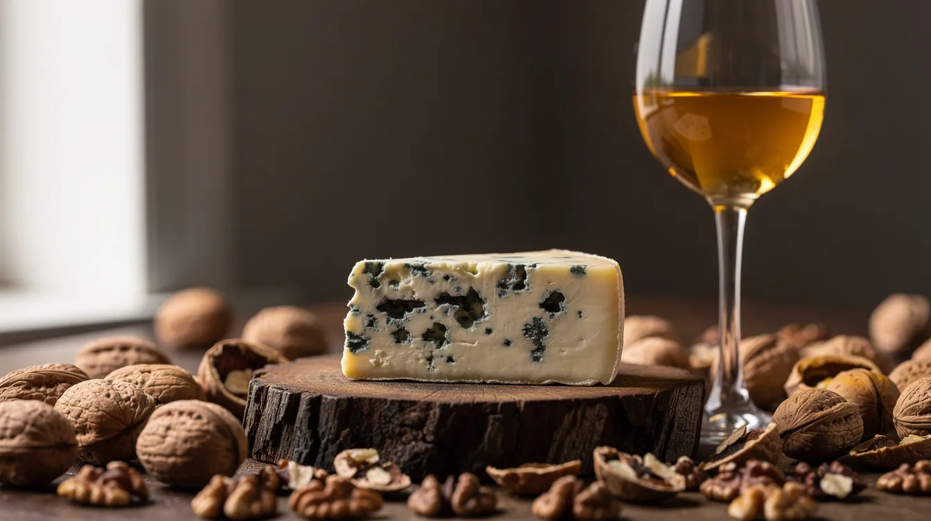 Ein Stück Roquefort, ein aromatischer Blauschimmelkäse, liegt neben einem Glas goldgelben Dessertweins, während Walnüsse das Bild umrahmen. Diese Kombination aus Käse und Wein bietet eine harmonische Geschmackserfahrung, die Feinschmecker begeistert.