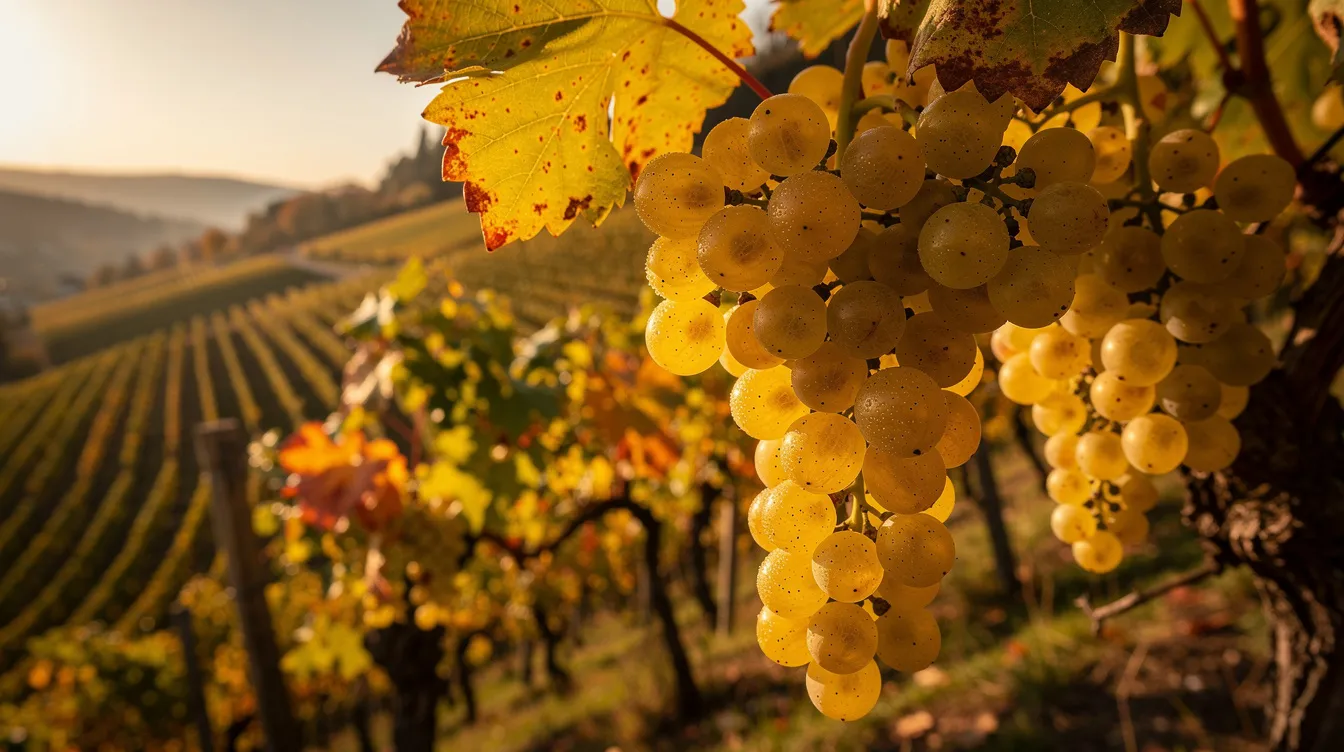 Reife, goldgelbe Riesling-Trauben hängen an der Rebe in einem steilen Weinberg, während die Herbstsonne sie sanft beleuchtet. Diese Trauben sind ein Zeichen für die hohe Qualität und den Reifegrad, die für einen ausgezeichneten Kabinettwein aus Deutschland typisch sind.